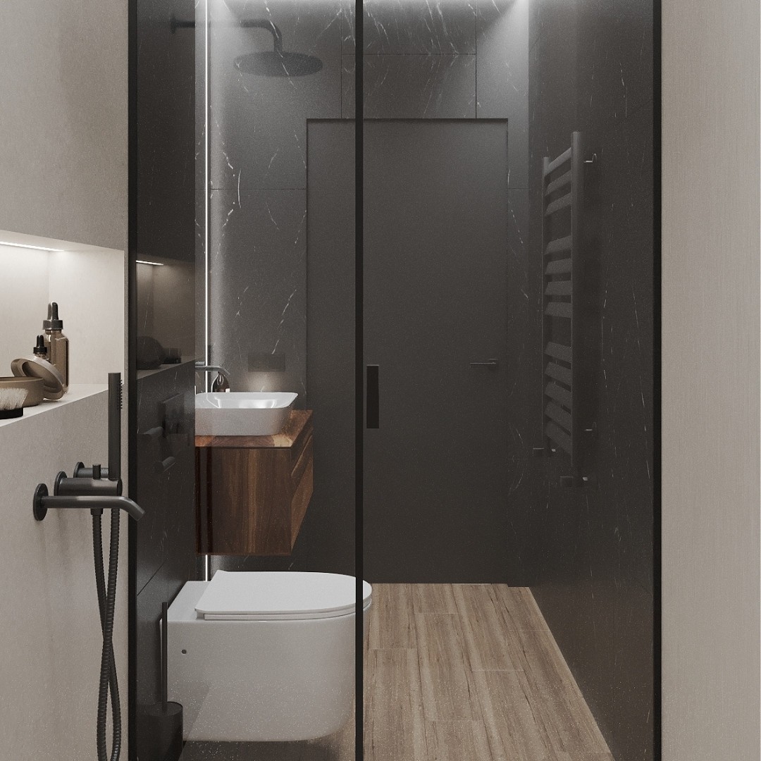 Elegancka łazienka z czarnymi bateriami łazienkowymi!