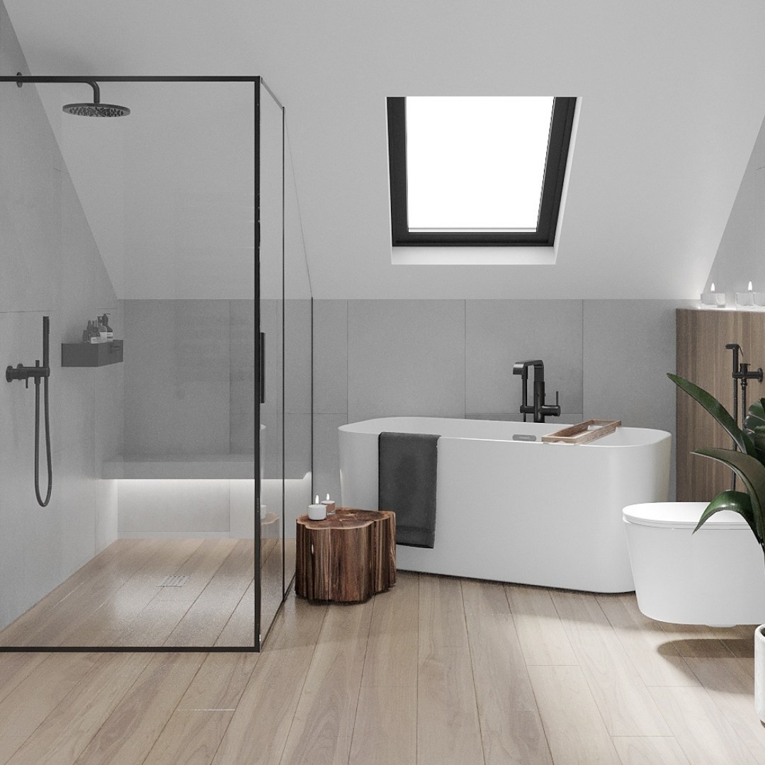 Nowoczesna łazienka na poddaszu z wanną wolnostojącą!