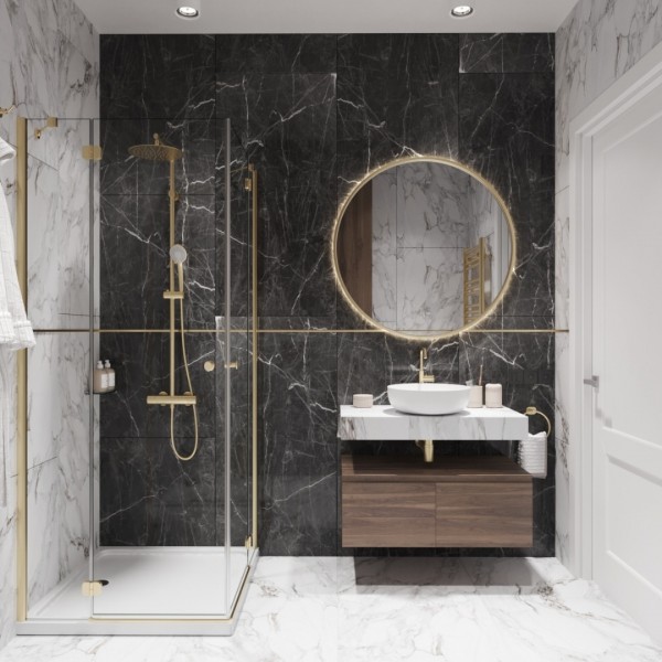 Złote baterie łazienkowe w marmurowej łazience!