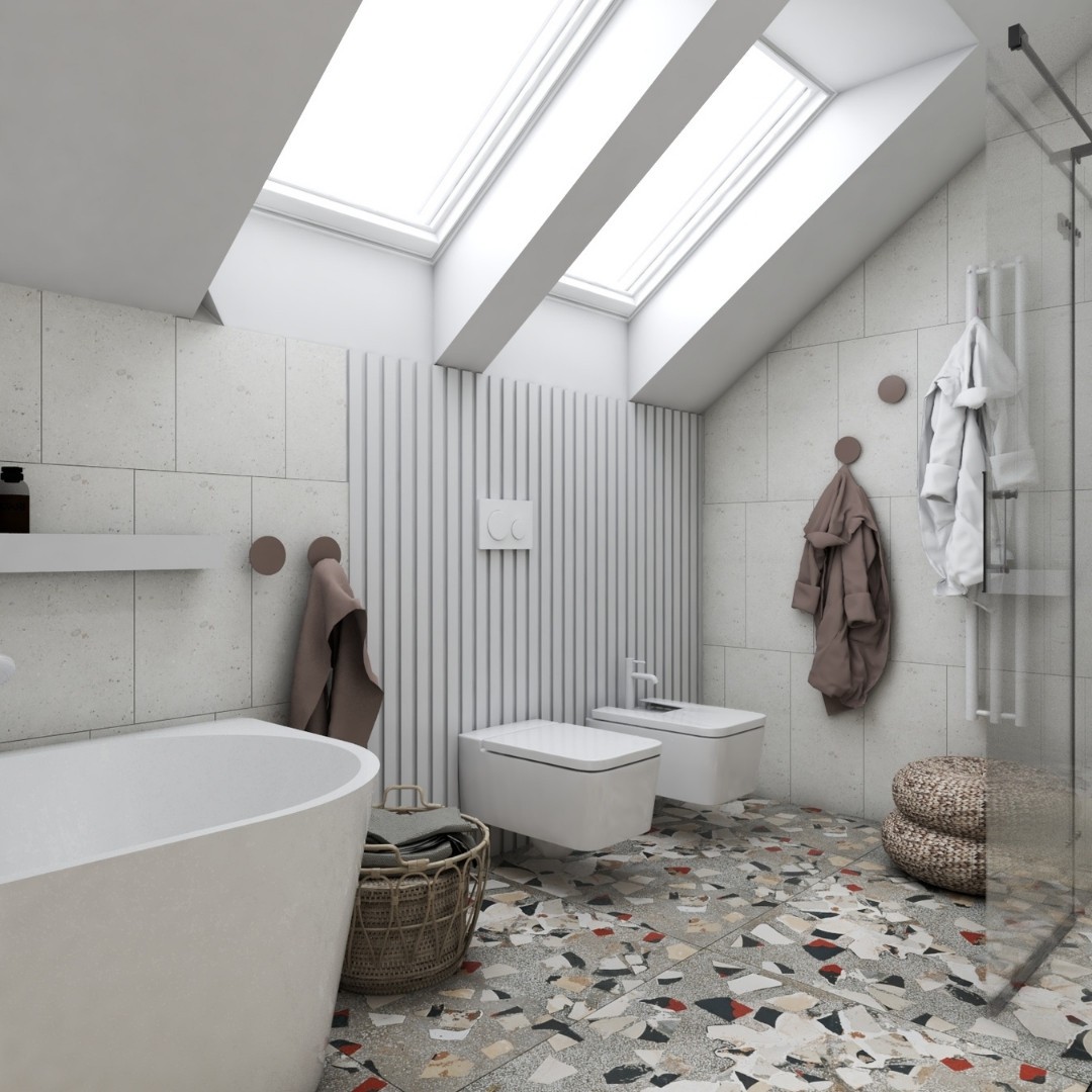 Duża łazienka na poddaszu z płytkami lastryko!