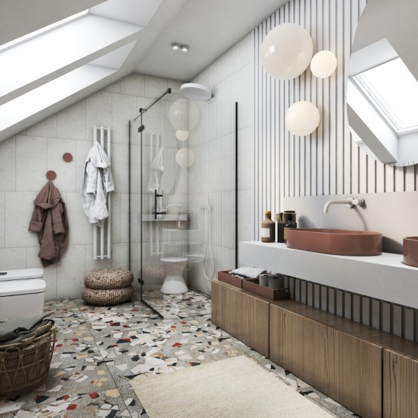 Duża łazienka na poddaszu z płytkami lastryko!