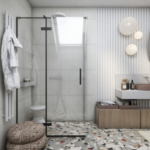 Duża łazienka na poddaszu z płytkami lastryko!