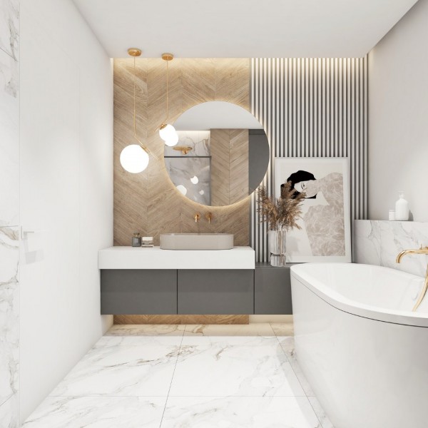 Elegancka łazienka ze złotą armaturą!