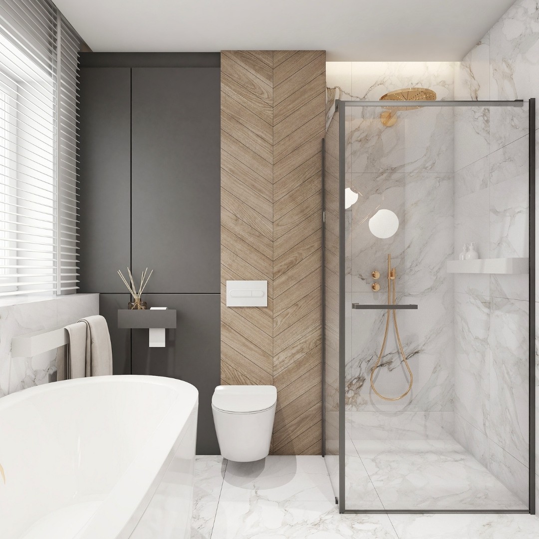 Elegancka łazienka ze złotą armaturą!