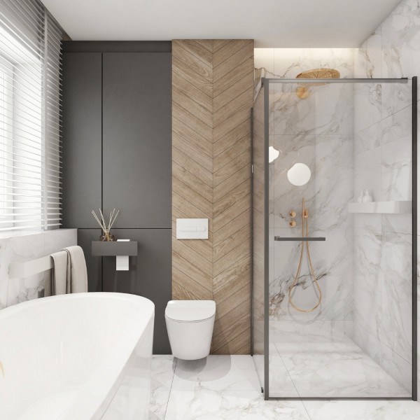 Elegancka łazienka ze złotą armaturą!