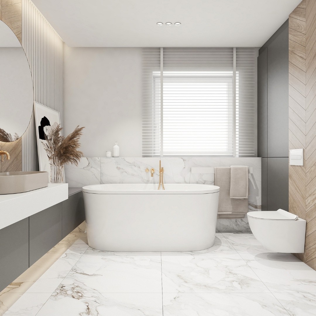 Elegancka łazienka ze złotą armaturą!