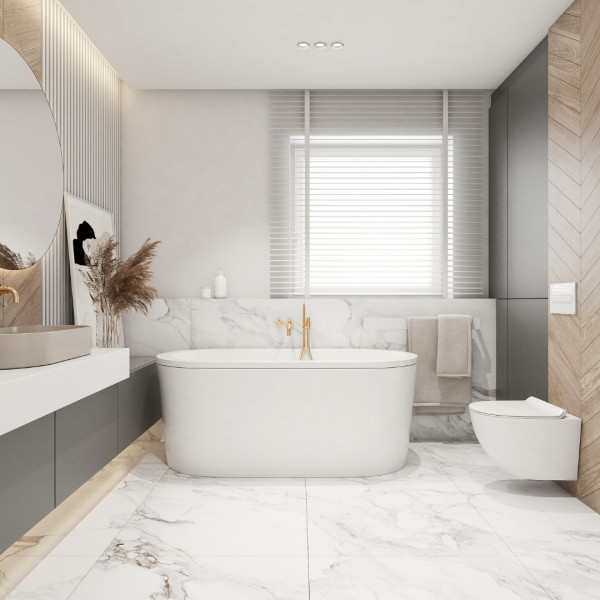 Elegancka łazienka ze złotą armaturą!