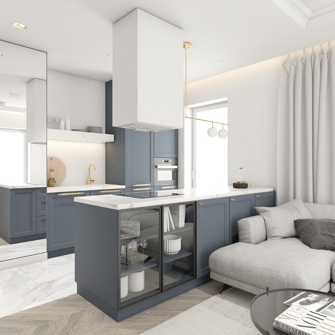 Złota bateria kuchenna w niebieskiej kuchni!