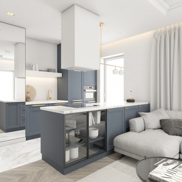 Złota bateria kuchenna w niebieskiej kuchni!