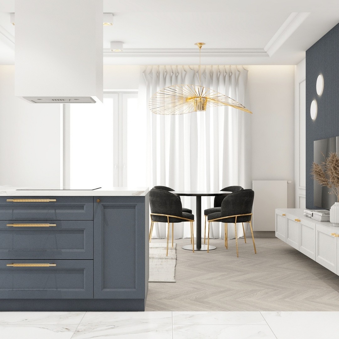 Złota bateria kuchenna w niebieskiej kuchni!