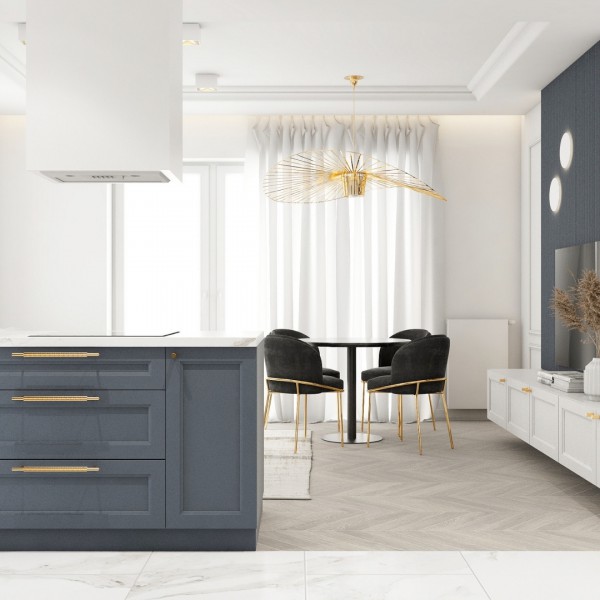 Złota bateria kuchenna w niebieskiej kuchni!