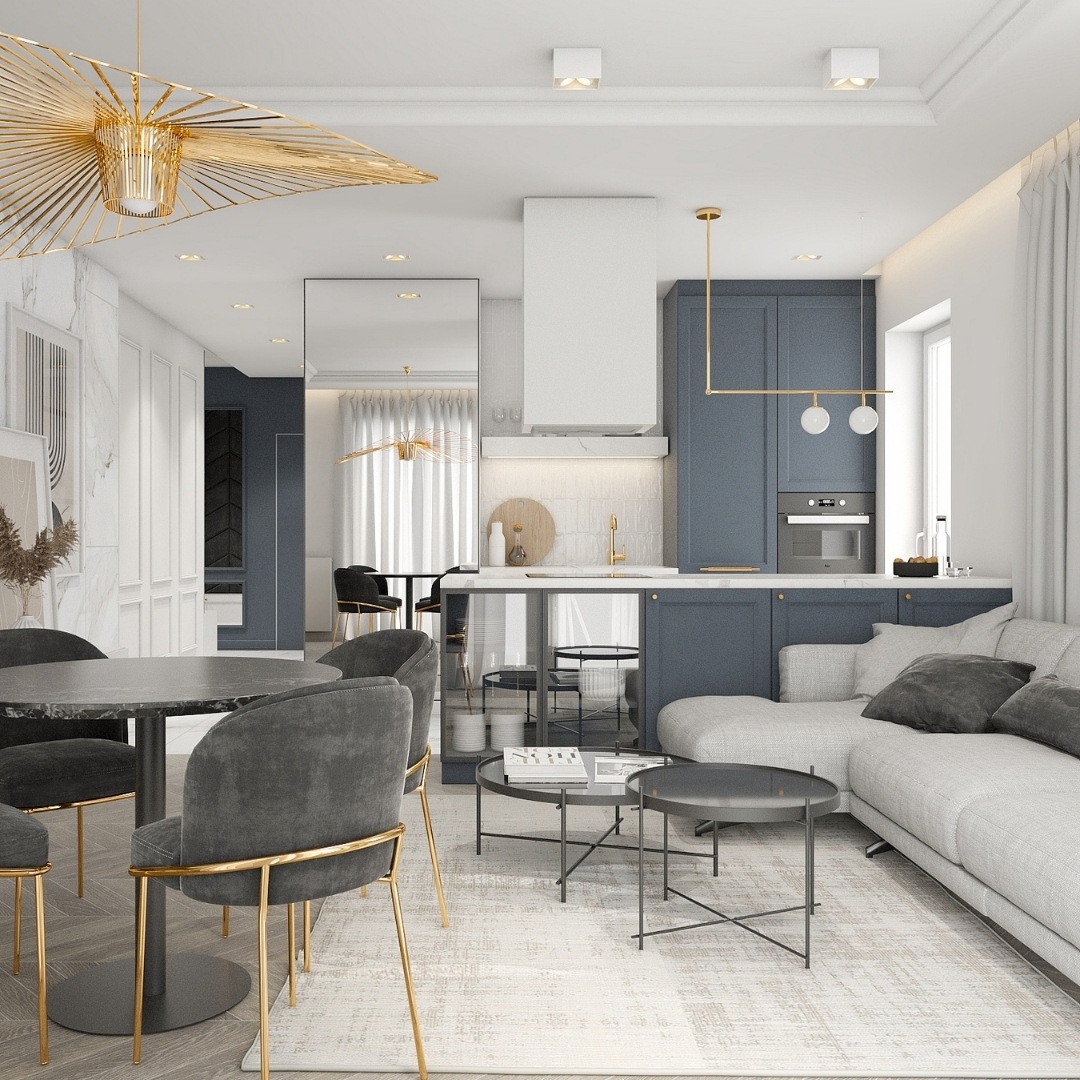 Złota bateria kuchenna w niebieskiej kuchni!