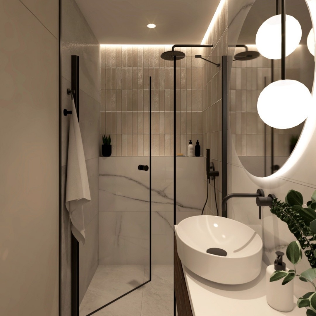 Mała łazienka z prysznicem i czarną armaturą!