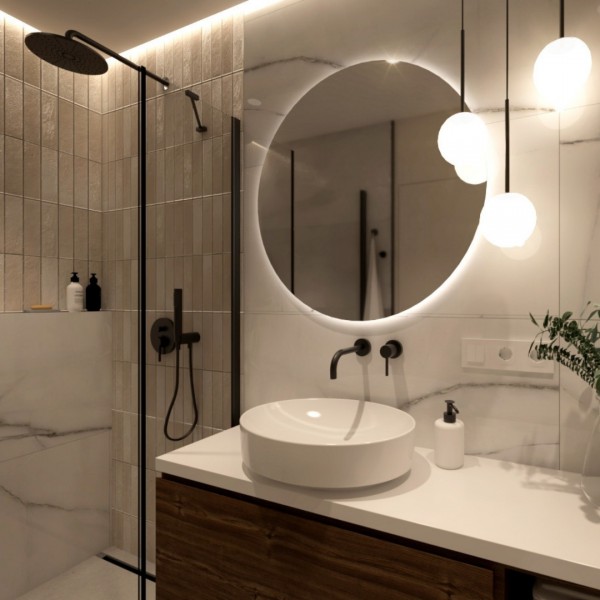 Mała łazienka z prysznicem i czarną armaturą!