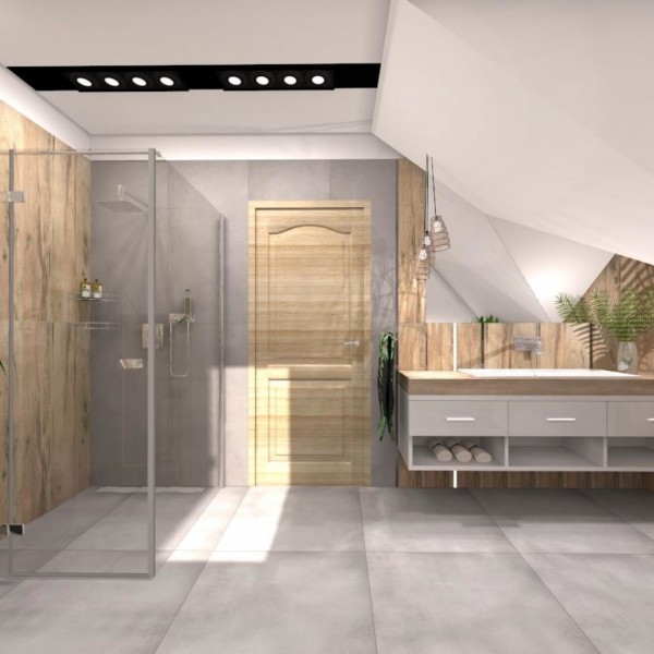 Łazienka na poddaszu ze ścianą ozdobioną mchem!