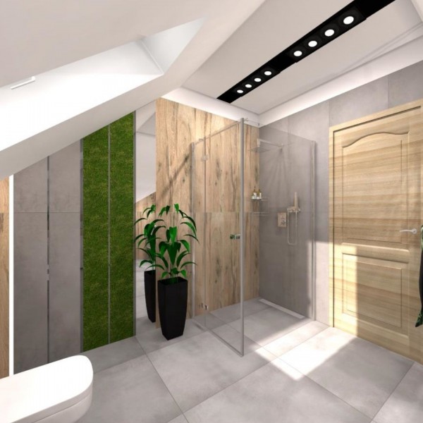 Łazienka na poddaszu ze ścianą ozdobioną mchem!