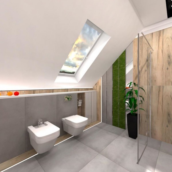 Łazienka na poddaszu ze ścianą ozdobioną mchem!