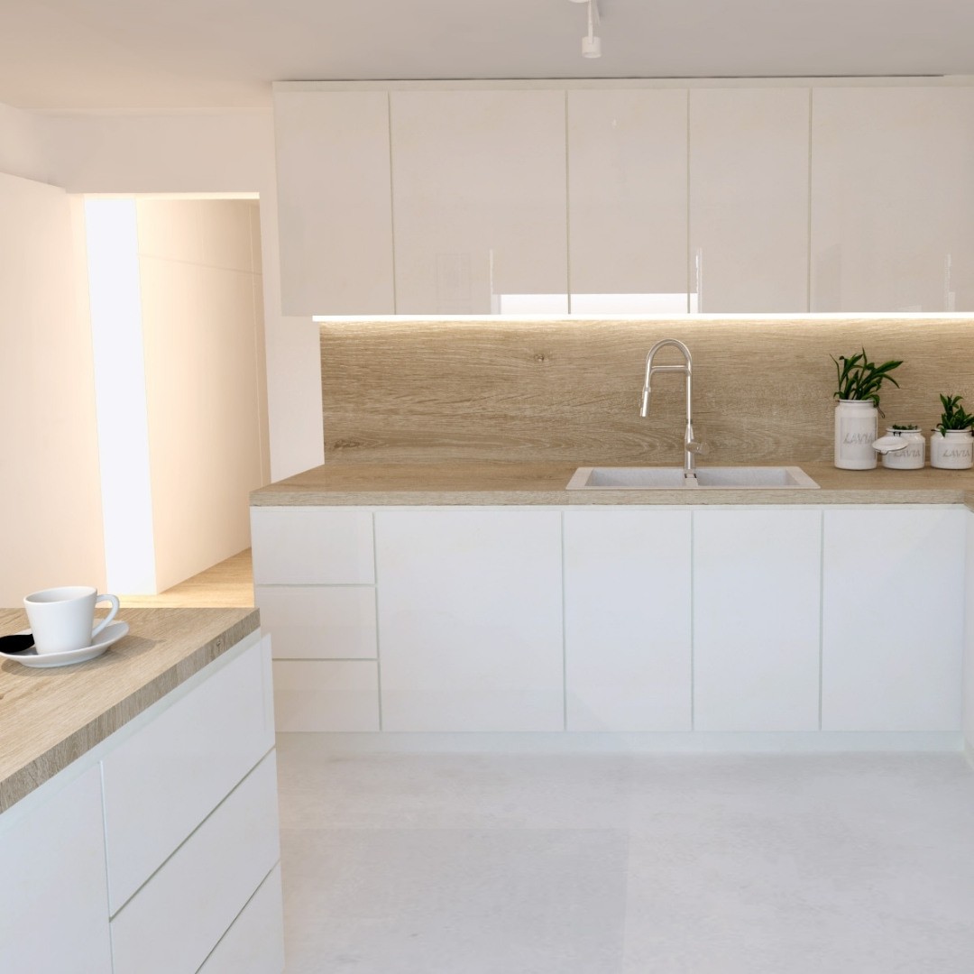 Chromowa bateria z wyciąganą wylewką w białej kuchni!