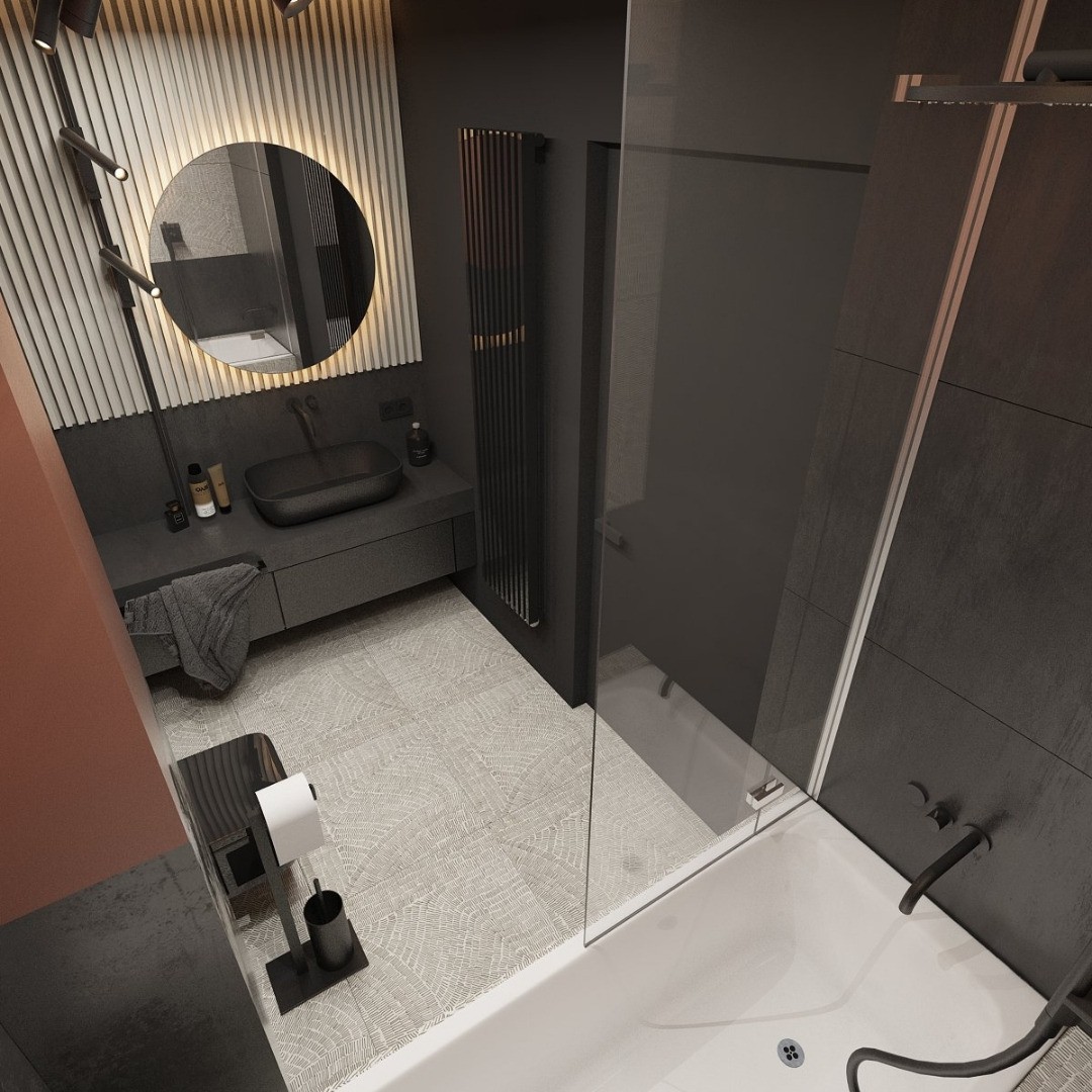 Czarna łazienka z wanną z parawanem!