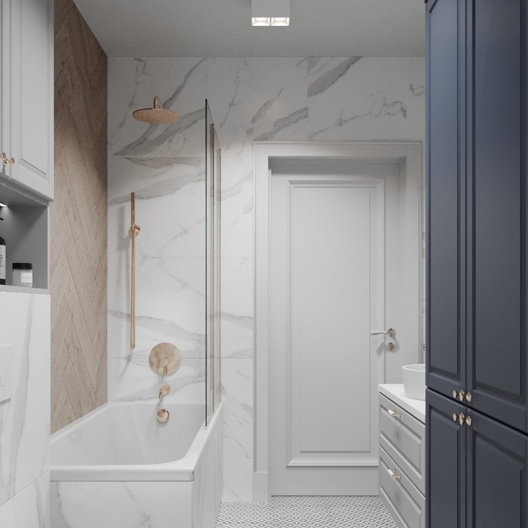 Złoty parawan nawannowy w klasycznej łazience!