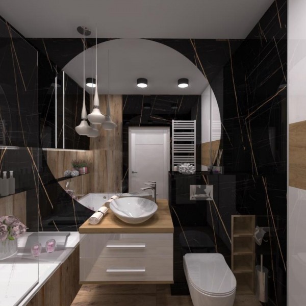 Czarny marmur z płytkami drewnopodobnymi w łazience w bloku!