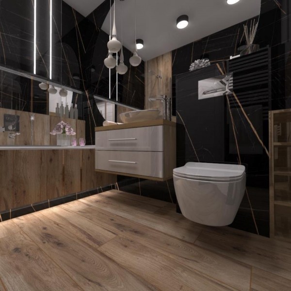 Czarny marmur z płytkami drewnopodobnymi w łazience w bloku!