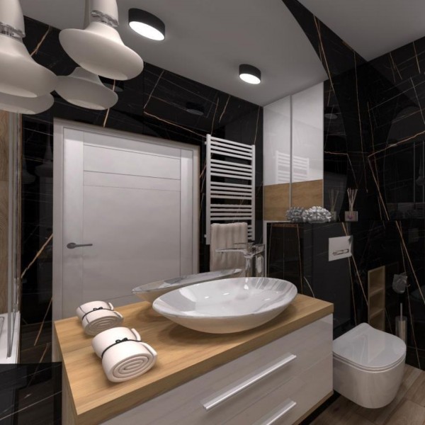 Czarny marmur z płytkami drewnopodobnymi w łazience w bloku!