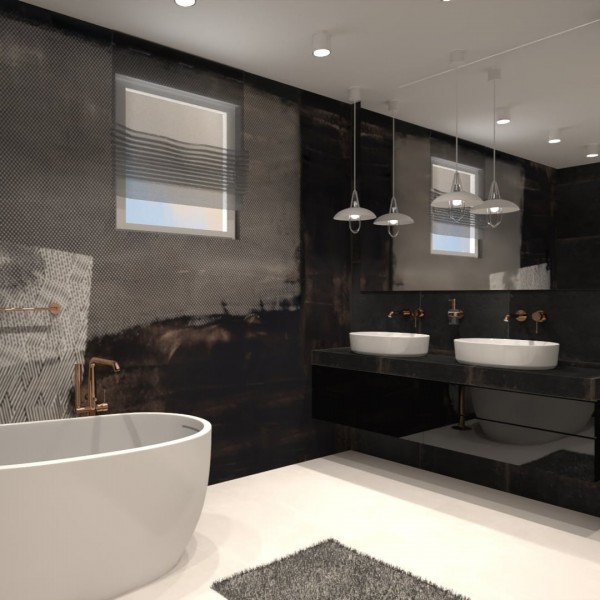 Złota armatura w czarnej łazience!