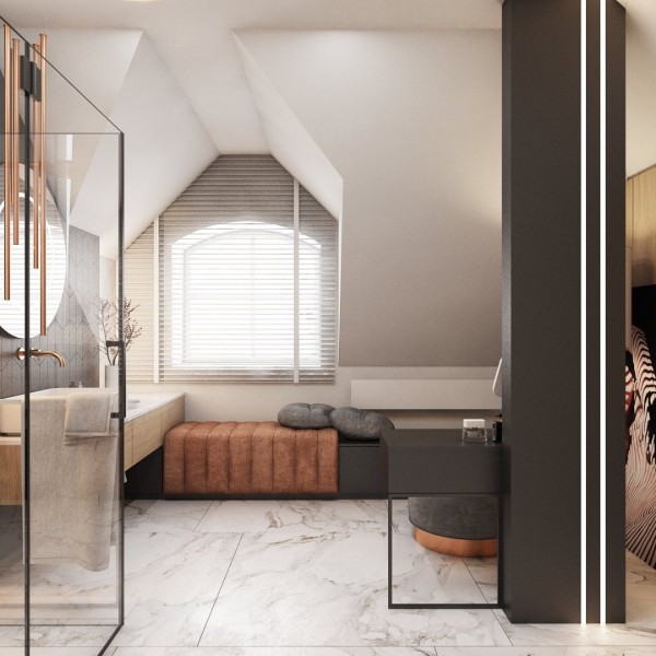 Elegancki pokój kąpielowy na poddaszu!