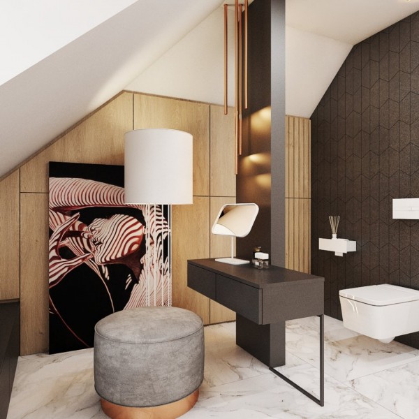 Elegancki pokój kąpielowy na poddaszu!