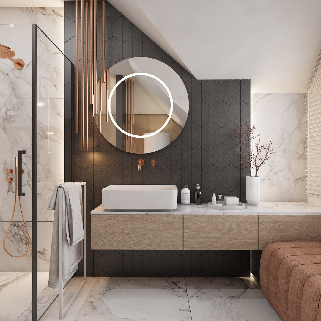 Elegancki pokój kąpielowy na poddaszu!