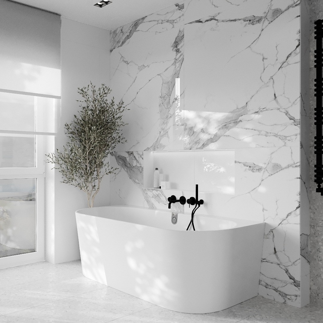 Biała łazienka z płytkami marmuropodobnymi!