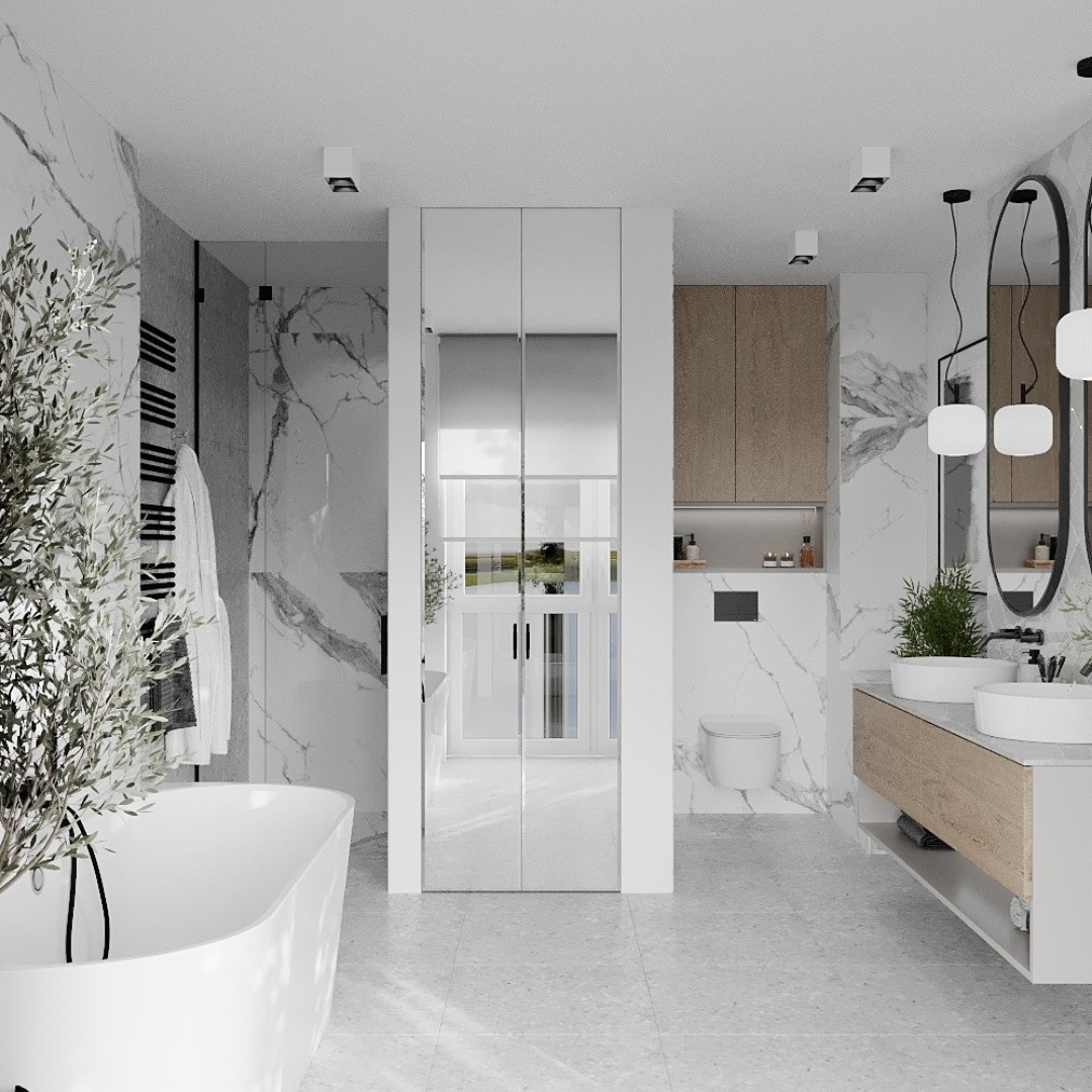 Biała łazienka z płytkami marmuropodobnymi!