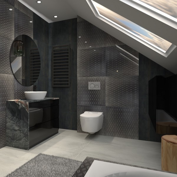 Czarna łazienka z wanną i prysznicem na poddaszu!