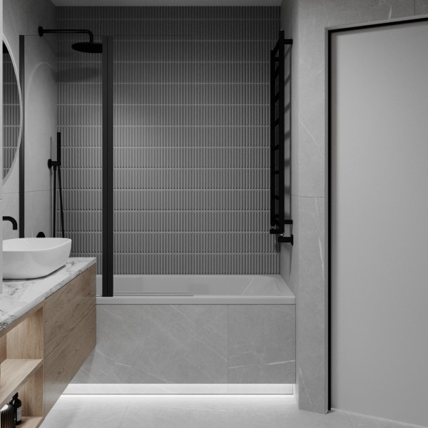 Mała łazienka z wanną i czarnym parawanem nawannowym!