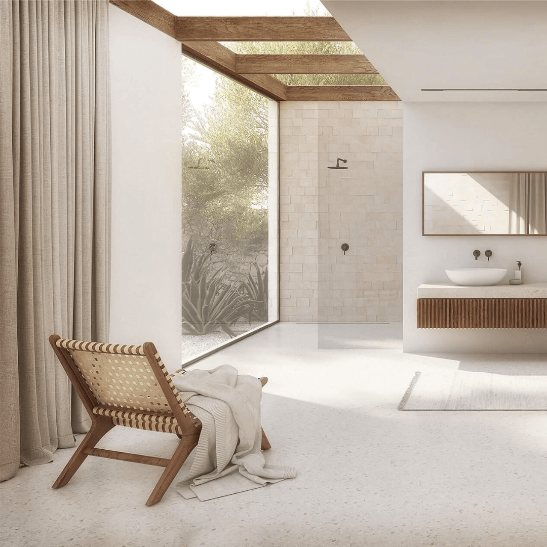 Minimalistyczna łazienka w stylu japandi z produktami Omnires!