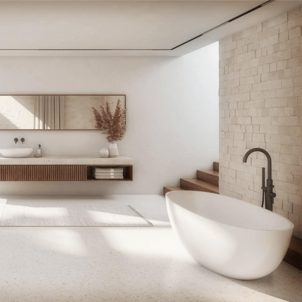 Minimalistyczna łazienka w stylu japandi z produktami Omnires!