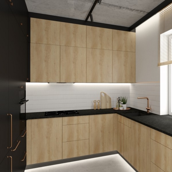 Złota bateria kuchenna w kuchnia z czarnym blatem!