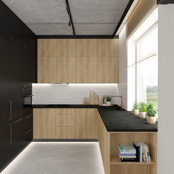 Złota bateria kuchenna w kuchnia z czarnym blatem!