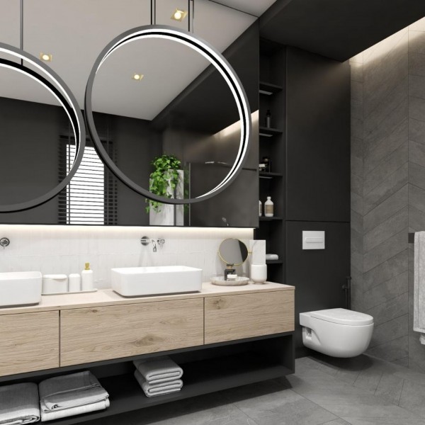 Czarna łazienka z wanną wolnostojącą i prysznicem!