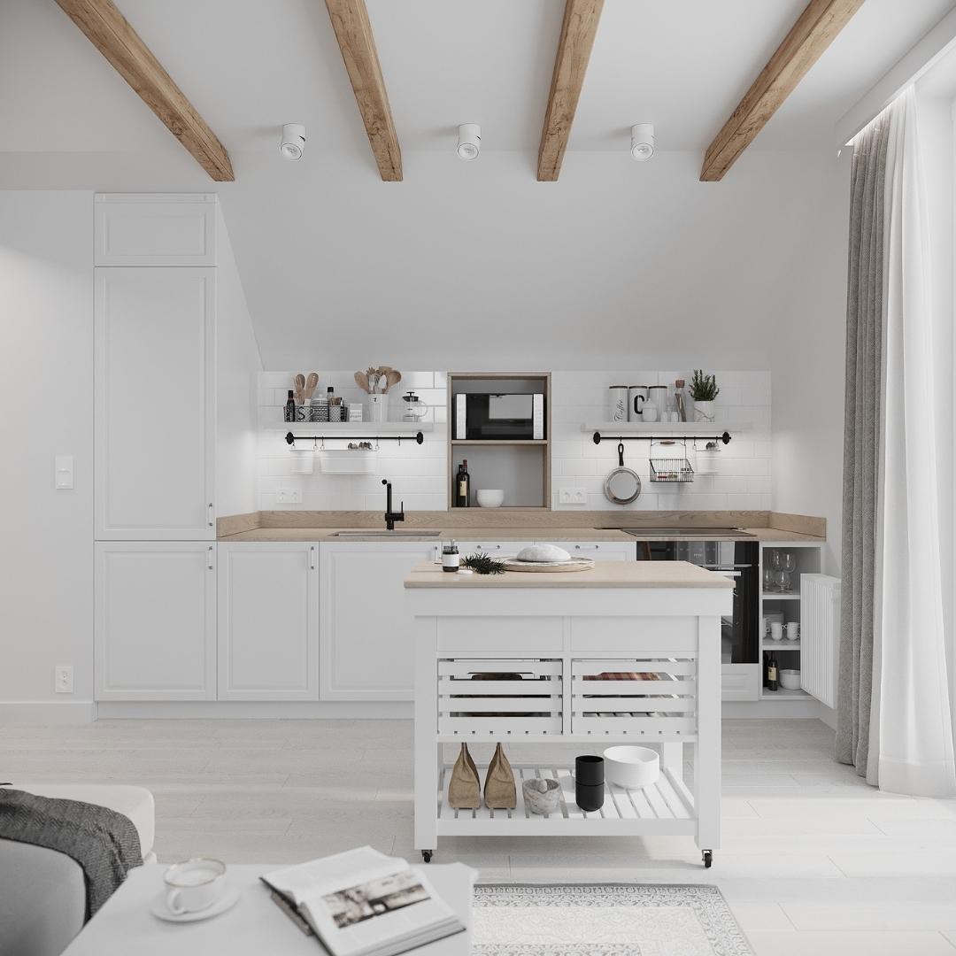Biała kuchnia na poddaszu z czarna baterią kuchenną!