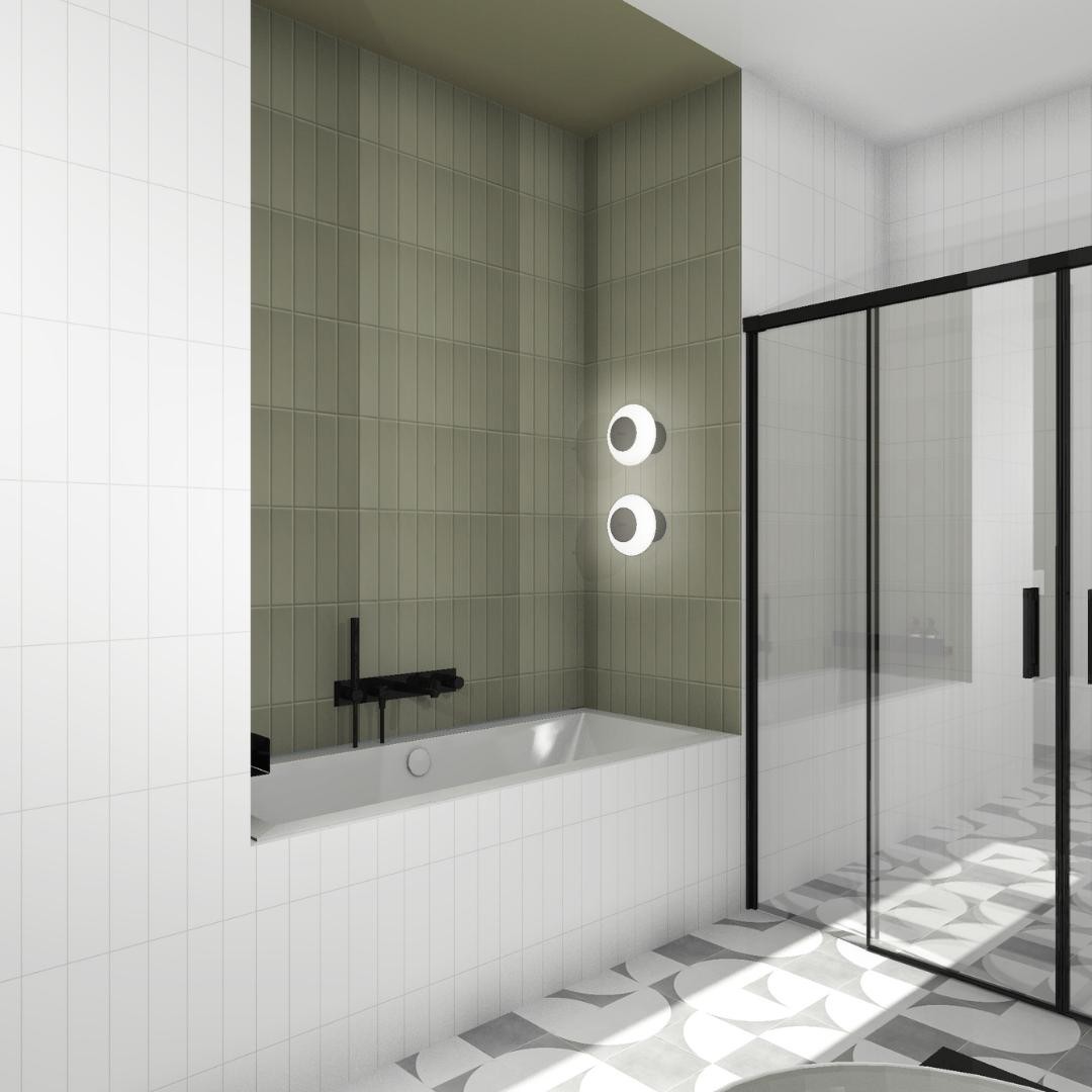 Zielona łazienka z wanną i prysznicem!