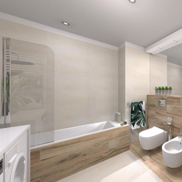 Jasna łazienka z elementami drewna!