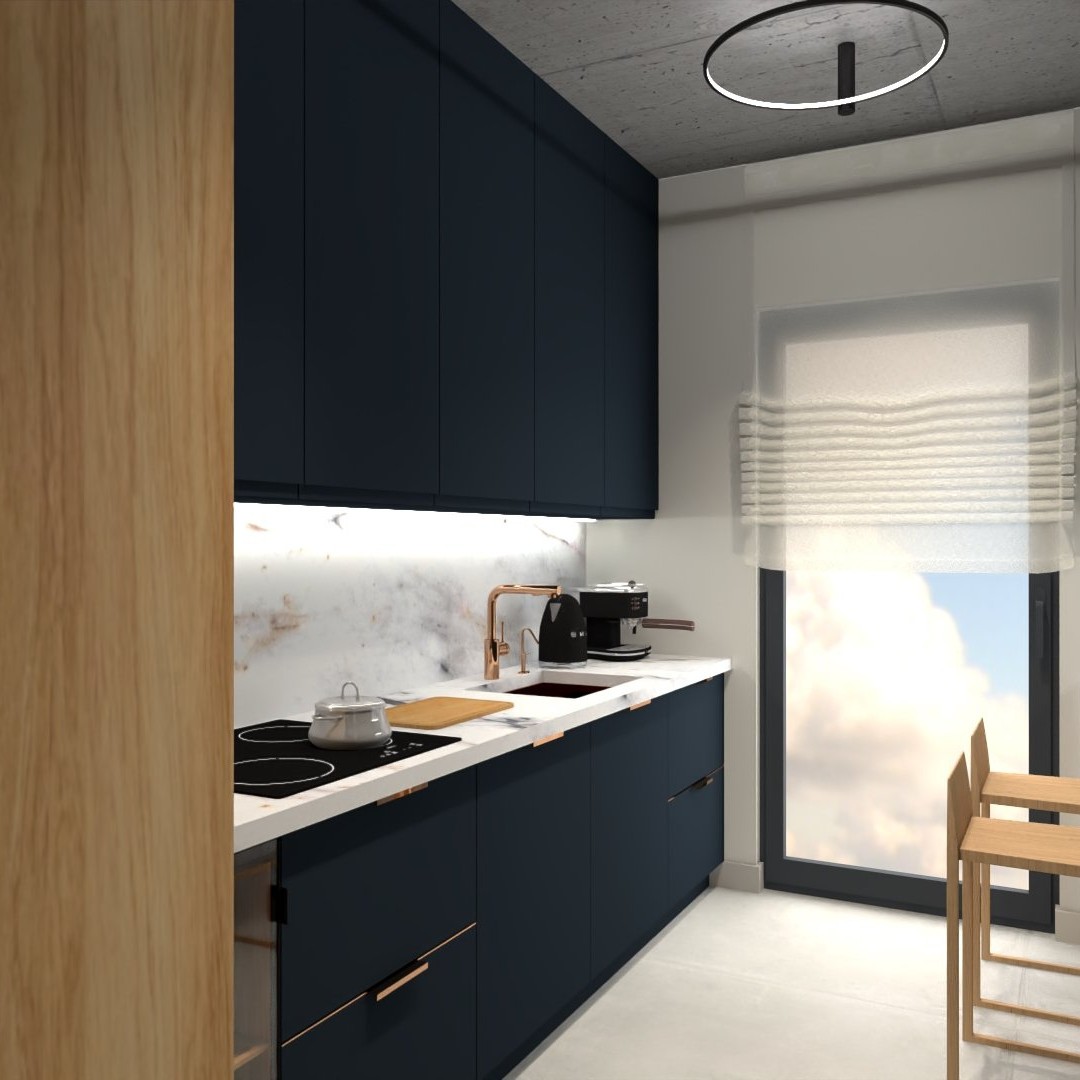 Miedziana bateria kuchenna w granatowej kuchni!