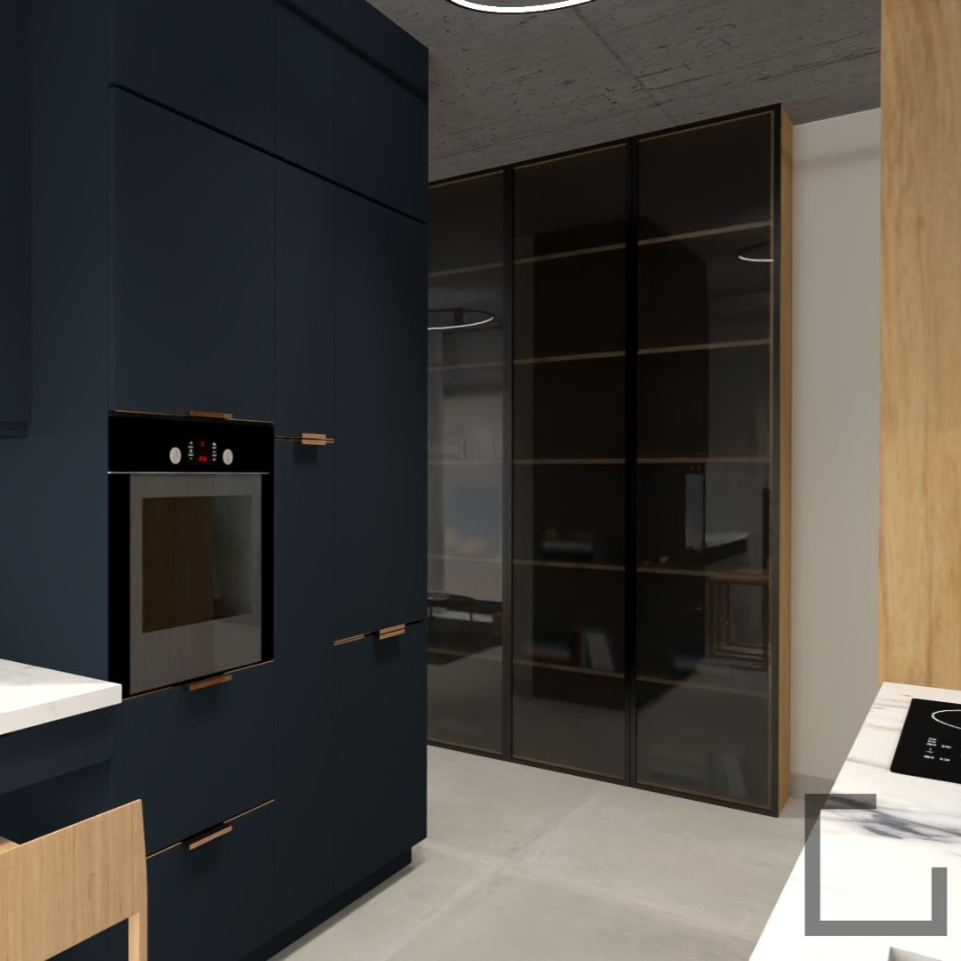 Miedziana bateria kuchenna w granatowej kuchni!