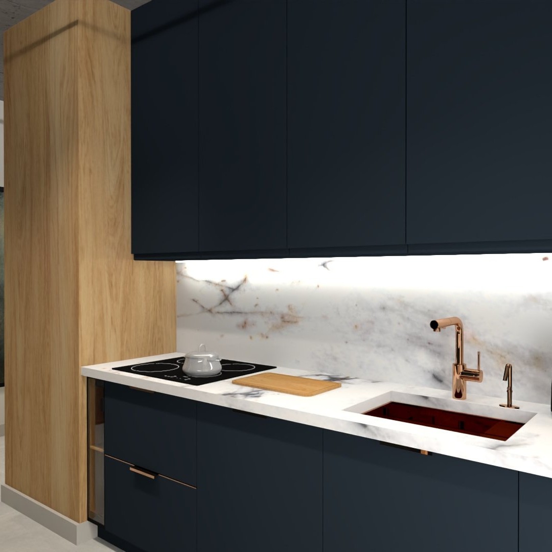 Miedziana bateria kuchenna w granatowej kuchni!