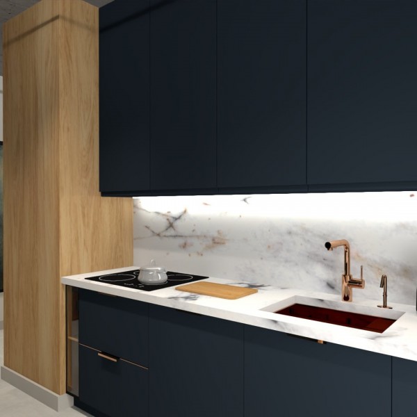 Miedziana bateria kuchenna w granatowej kuchni!