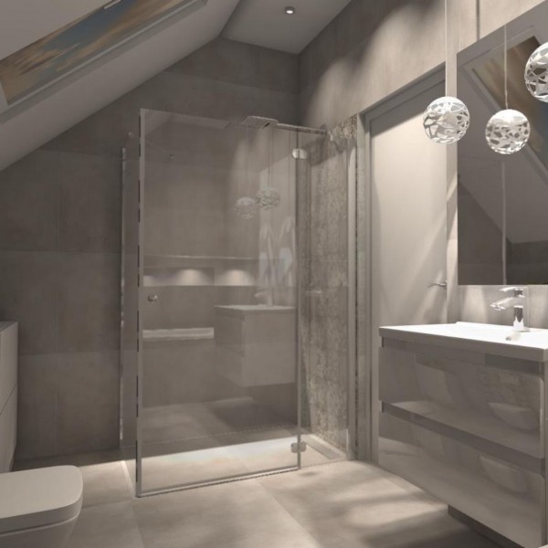 Szara łazienka na poddaszu z płytkami patchorkowym!