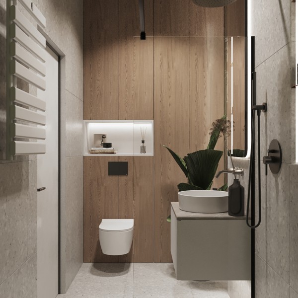 Zielona łazienka z czarnym zestawem prysznicowym!