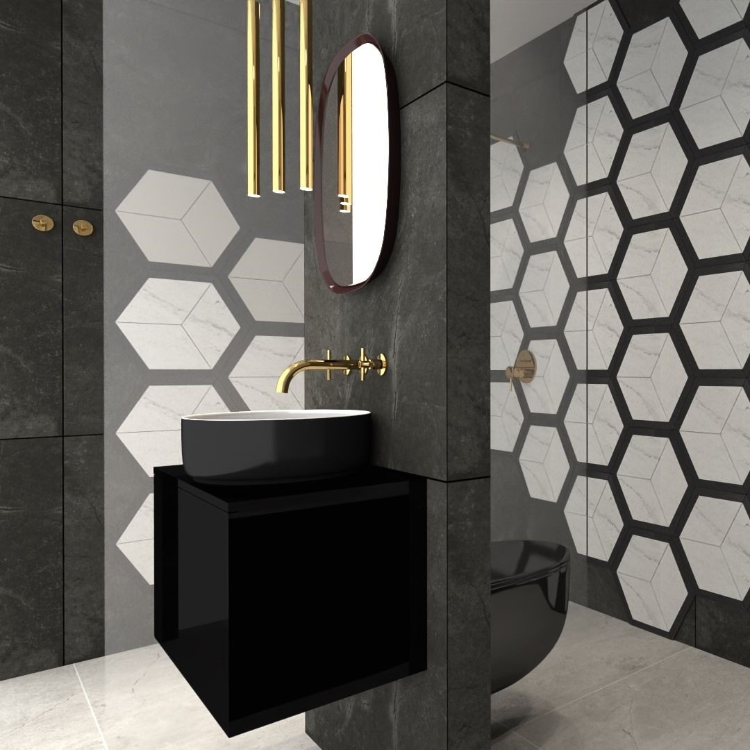 Elegancka czarna łazienka ze złotą armaturą!